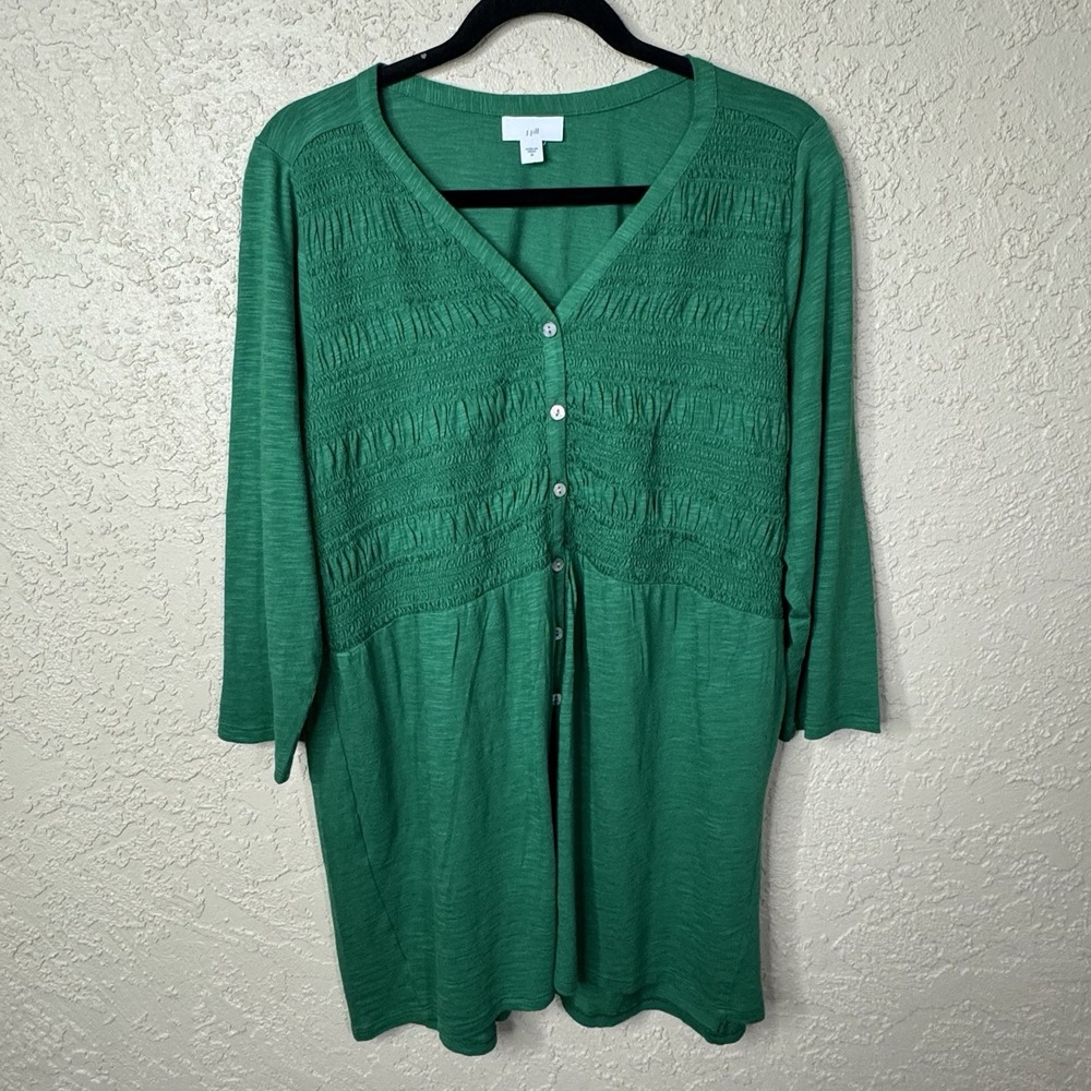 J Jill Womens Smocked Slub Knit Top Size Medium Kelly Green Boho Peasant Casual